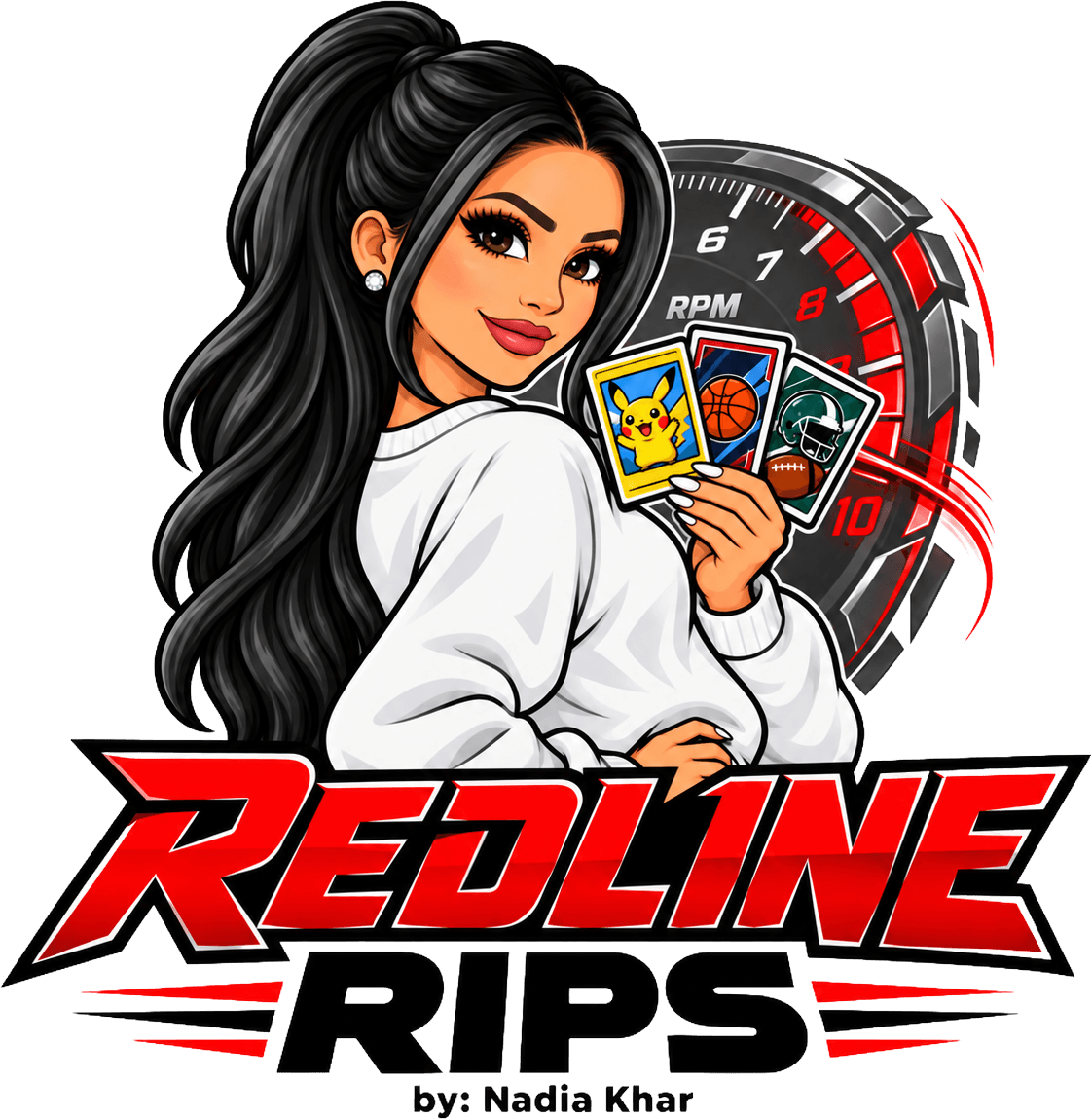 Nadia Khar, the GT-R Queen, holding trading cards